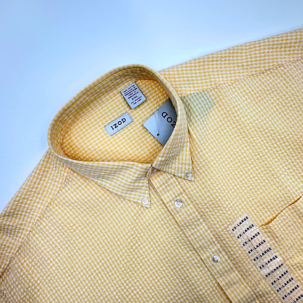 IZOD Mens XXL Yellow White Gingham Seersucker Short Sleeve Button Down Shirt NWT